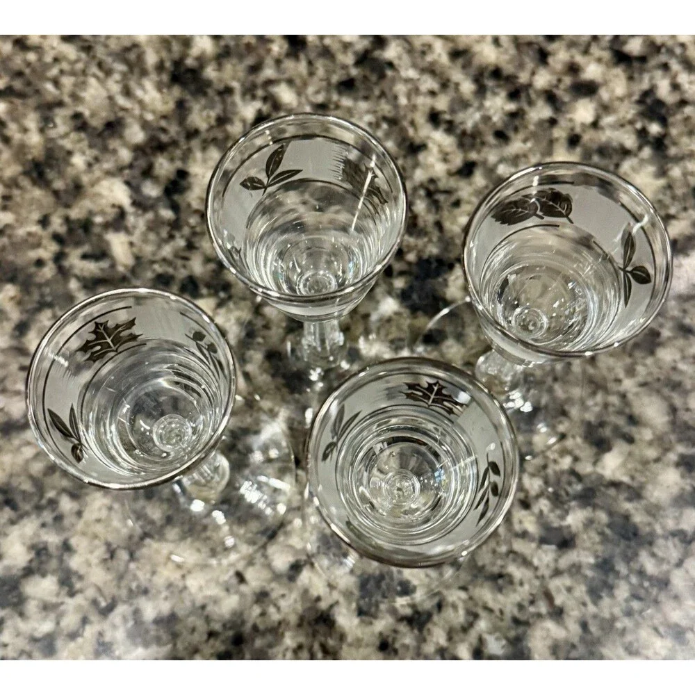 4 LIBBEY SILVER LEAF CORDIAL SHOT GOBLETS FOOTED STEMMED